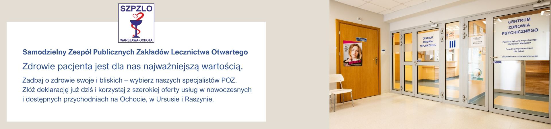 Slajd promujący Centrum Zdrowia Psychicznego – informacja o dostępności specjalistów oraz zachęta wyboru Centrum Zdrowia Psychicznego SZPZLO Warszawa-Ochota. Logo NFZ.
